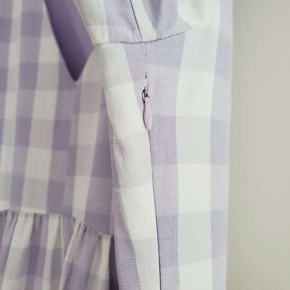 English Factory Gingham Tiered Puff Sleeve Midi Dress Lilac Lined - Picture 4 of 8